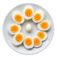 Hard boiled eggs sliced and whole on white plate sliced egg