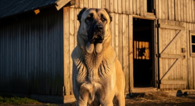 Majestic Kangal shepherd dog in front of a rustic wooden barn on a serene farm  at sunset