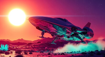 Retro future escape pod landing on alien planet with vibrant sunset and crystals