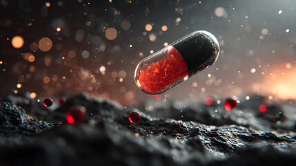 Discover innovative medicine with a capsule of red microparticles, a cutting-edge solution for health and wellness, offering hope and advanced therapy