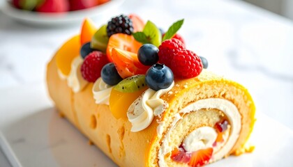 Delicious fruit roll cake topped with fresh berries, kiwi, and peaches, featuring a creamy filling and vibrant colors.