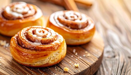 Fototapeta premium Close-up of three freshly baked cinnamon rolls topped with sweet white icing on a rustic wooden board, perfect for a delicious breakfast or dessert.