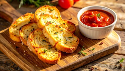 Golden toasted bread slices topped with herbs, served alongside a savory red tomato dipping sauce on a rustic wooden board, perfect for appetizers or snacks.