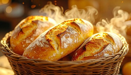 Warm, crusty artisanal loaves of bread, fresh from the oven, steaming in a rustic wicker basket with golden light. Perfect for bakery themes.