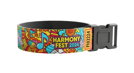 Wristband for harmony fest 2024 with colorful musical doodles and a black buckle, perfect for event access and festival vibes, isolated on transparent background