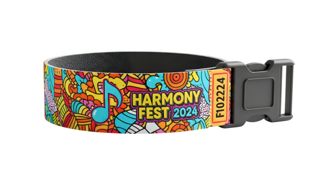 Wristband for harmony fest 2024 with colorful musical doodles and a black buckle, perfect for event access and festival vibes, isolated on transparent background