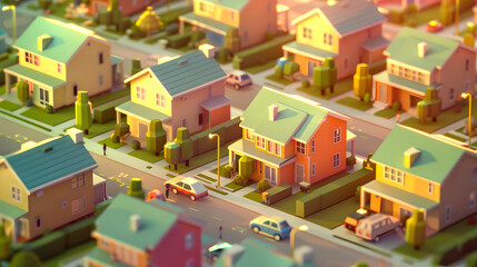 3d isometric low-poly city housing at sunset
