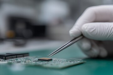 Fototapeta premium Futurist Blue-Toned Image Of A Technician Assembling A Microchip On A Circuit Board, Representing High-Tech And Science