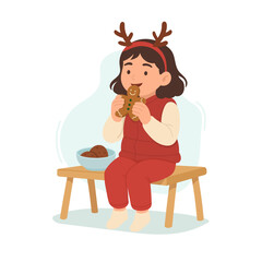 Obraz premium Smiling girl with reindeer headband enjoys gingerbread cookie, gingerbread symbolizing joy and cozy moments, gingerbread theme perfect for festive projects or Christmas greeting designs.