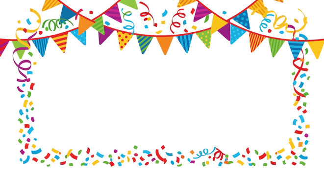 Festive Border of Colorful Bunting Flags and Confetti for Celebrations and Party Decorations