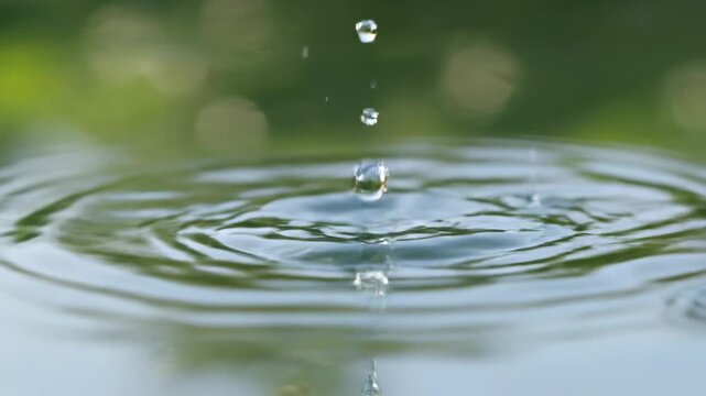 Mesmerizing slow motion close-up of crystal clear water drops gracefully falling and creating intricate ripples in a calm, reflective pond surface meditative, liquid, abstract