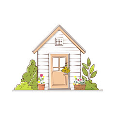 Charming hand drawn illustration of a small cottage with potted flowers and green bushes