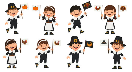 Thanksgiving Pilgrims Holding Flags with Autumn Symbols A Festive Vector Illustration