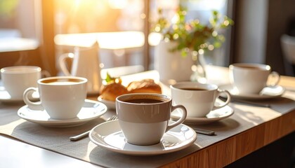 Obraz premium Morning Coffee And Croissants Served On A Table With Sunlight Streaming Through A Window Creating A Warm Inviting Atmosphere