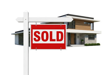 New luxury home stands behind a red SOLD sign symbolizing real estate success.