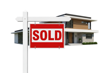 New luxury home stands behind a red SOLD sign symbolizing real estate success.