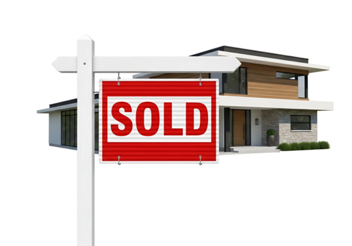 New luxury home stands behind a red SOLD sign symbolizing real estate success.