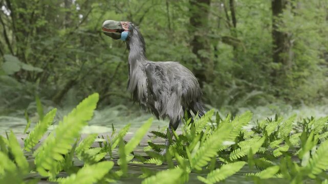 A 3D animation of the extinct terror bird Gastornis walking in a mid-Paleocene forest 50 million years ago. They were 2.15 m (7 ft 1 in) in height.