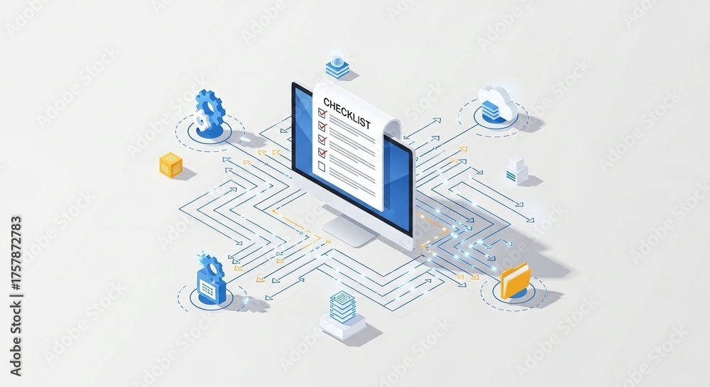 Wall mural digital checklist on computer screen connected to network nodes, representing modern task management