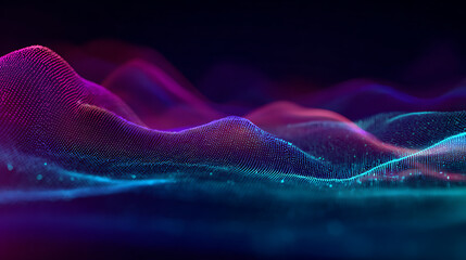Dynamic glowing digital waveform of vibrant neon particles flowing across a dark, futuristic abstract landscape