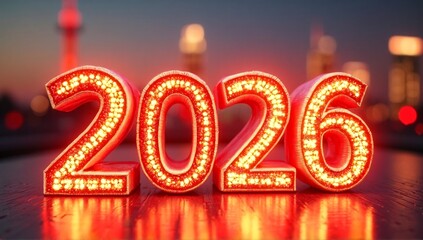 Shimmering, illuminated numbers glow brightly on a reflective surface, set against a blurred city skyline at a vibrant dusk.