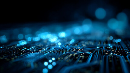 Dynamic glowing blue digital circuit board pathways illuminate with futuristic technology and data flow