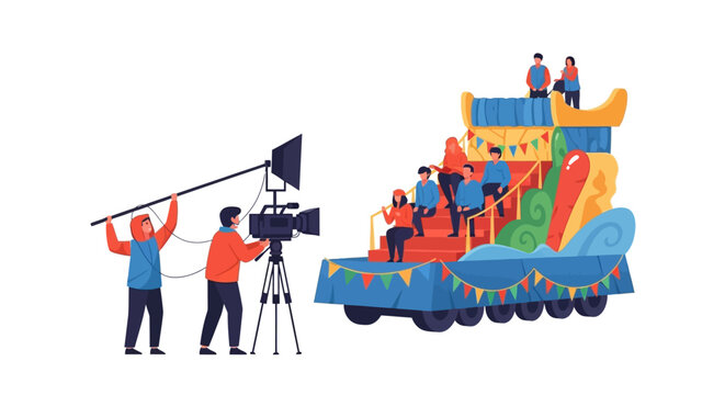 Filming a Festive Parade Float with a Camera Crew and Participants