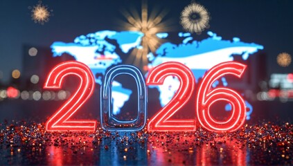 Bright neon numbers illuminate a festive scene, celebrating a future year with a global map and dazzling fireworks under a night sky.