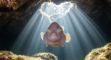 Underwater drama of sunrays illuminating a curious sheepshead fish in a grotto