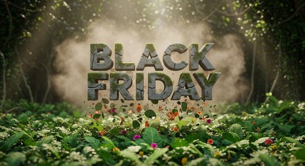 Black Friday sale advertisement in jungle style with stone letters covered in moss, greenery and flowers, ideal for retail promotions, seasonal discounts, and holiday campaigns.