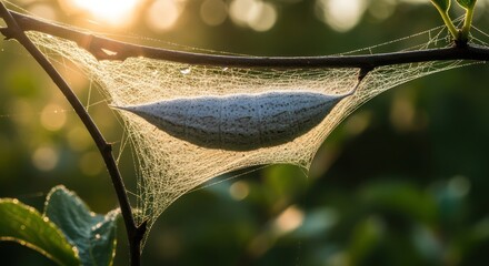 Intricate spiderweb enclosure on a branch illuminated by golden sunlight a delicate nature scene