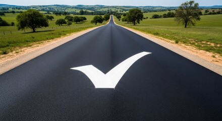 Pathway to success asphalt road with checkmark guides through scenic landscape
