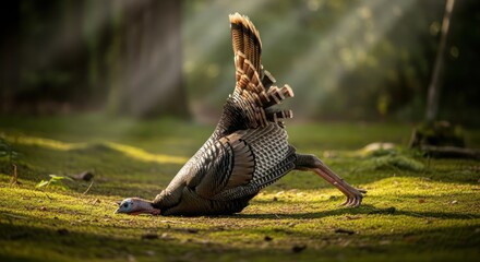 Humorous wild turkey showcasing unique physical flexibility in sun-dappled forest scene