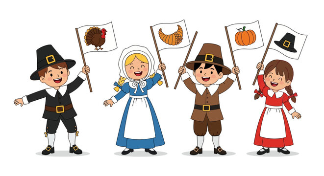 Thanksgiving Day Adorable children dressed as pilgrims waving flags with festive symbols