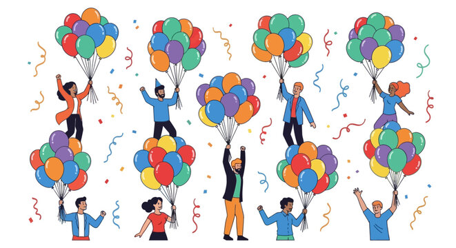 A celebratory collection of diverse people holding colorful balloon bunches, isolated vector characters for party and holiday events
