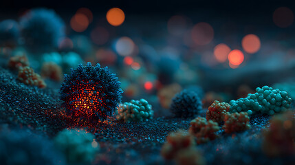 Fototapeta premium Intriguing microscopic view of vibrant, glowing biological cells illuminating the darkness with a futuristic, scientific glow