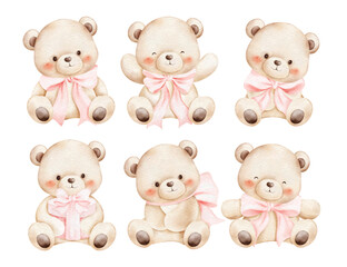 Watercolor Illustration Set of Bears with Pink Bow