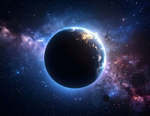 Obraz premium A distant view of a glowing, dark world in a vibrant, starry cosmos