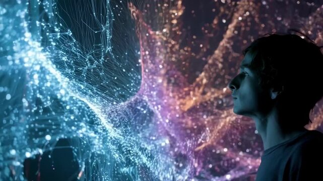 Medium shot of a person engaging with a touchsensitive display to manipulate and explore multidimensional big data visualizations for decisionmaking.