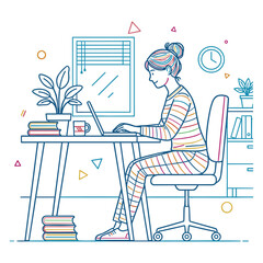 Woman working at desk with laptop, minimal line art office scene