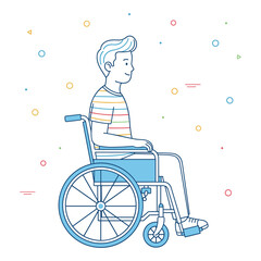 Boy in wheelchair smiling, minimal colorful line art of inclusivity