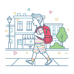 Boy walking to school with backpack, minimal colorful line drawing