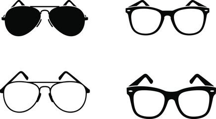 Eyeglasses silhouette icons, aviator glasses vector, wayfarer eyewear illustration, fashion accessory design, retro and modern glasses styles, optical frame artwork © Akhi's orld