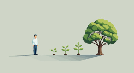 Vector Illustration of Personal Growth Concept – Minimal Flat Design Person Beside Small Plant Growing into Tree