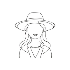 Elegant woman wearing hat and suit jacket portrait line art in vector graphic