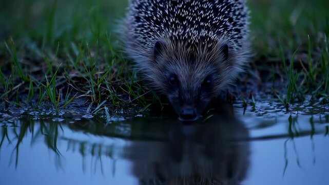 A hedgehog drinks from a puddle at dusk, its reflection clearly visible in the water