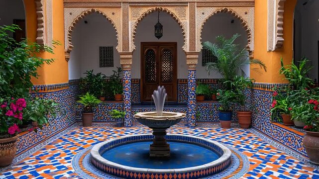 Traditional Moroccan Riad Courtyard with a Central Fountain and Colorful Zellij Tiles.