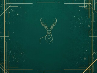 dark green holiday card or flyer background featuring a golden reindeer line drawing, surrounded by geometric art deco gold borders and subtle festive sparkles and snowflakes