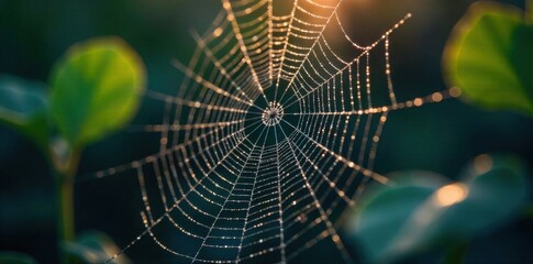 A spider s web glistening with morning dew, a silent hunter patiently waiting for its next meal. Nature s delicate trap. Close up of a spiderweb glistening with morning dew, intricate detail,