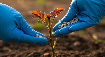 Hands in blue gloves adding fertilizer pellets to young plant gardening plant care